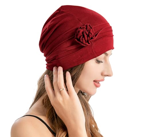 ZLYC Damen Summer Beanie Mütze Elastischer Chemo Hut mit Blumen(Plisseeblume Burgund),Einheitsgröße von ZLYC