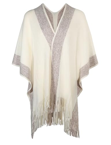 ZLYC Damen Weiche Schlichte Poncho Capes Retro Cardigans Pullover(Einfarbig Creme Weiß),Einheitsgröße von ZLYC