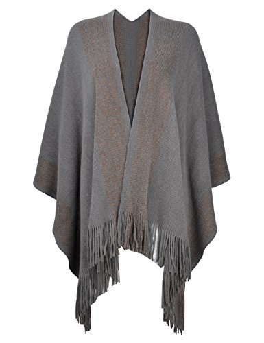 ZLYC Damen Weiche Schlichte Poncho Capes Retro Cardigans Pullover, Einheitsgröße, Grau von ZLYC