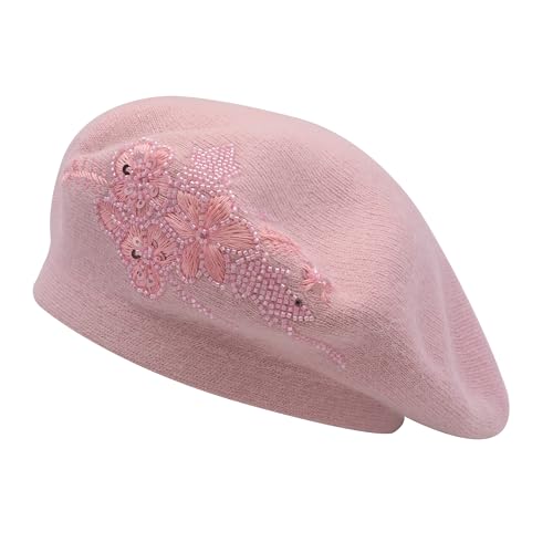 ZLYC Damen Winter Baskenmütze Französische Barett Doppelschicht Warm Beret(Gestickte Blume Rosa),Einheitsgröße von ZLYC