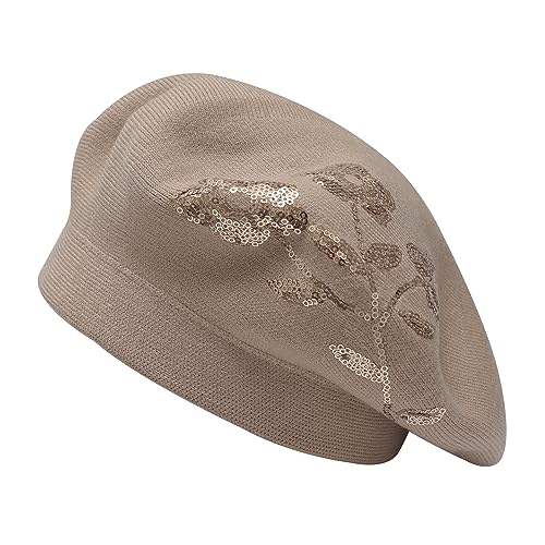 ZLYC Damen Winter Baskenmütze Französische Barett Doppelschicht Warm Beret(Paillettenblumen Beige) von ZLYC