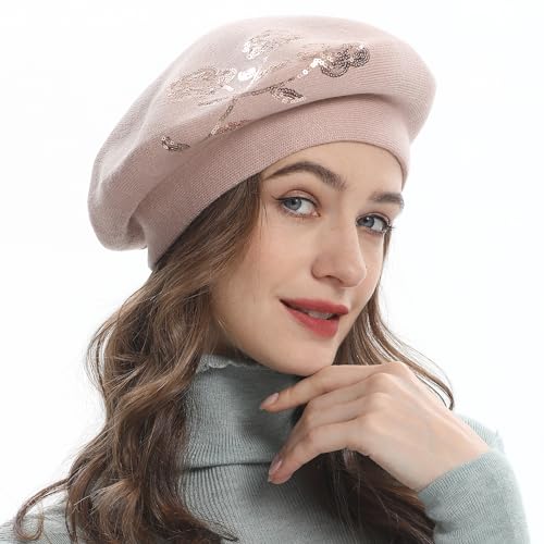 ZLYC Damen Winter Baskenmütze Französische Barett Doppelschicht Warm Beret(Paillettenblumen Rosa) von ZLYC