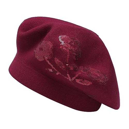 ZLYC Damen Winter Baskenmütze Französische Barett Doppelschicht Warm Beret(Paillettenblumen Rot) von ZLYC