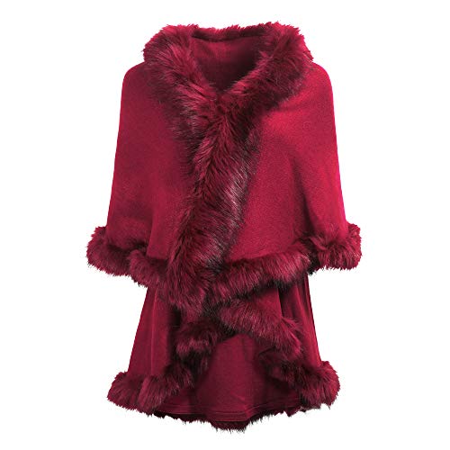 ZLYC Damen Winter Kunstpelz Poncho Strick Schal Stola Warm Cape Cardigan (Rot),Einheitsgröße von ZLYC