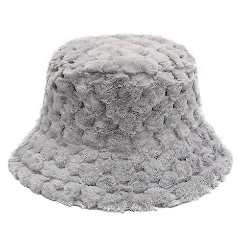 ZLYC Damen Winter Kunstpelz Fischerhut Stricken Bucket Hut(Flauschig Grau) von ZLYC