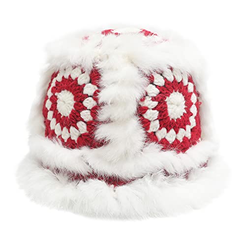 ZLYC Damen Winter Kunstpelz Fischerhut Stricken Bucket Hut(Häkeln Rot) von ZLYC