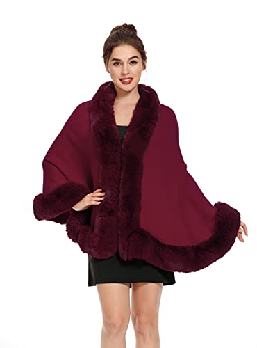 ZLYC Damen Winter Kunstpelz Poncho Cape Strick Schal Stola Warm Cardigan (Burgund) von ZLYC