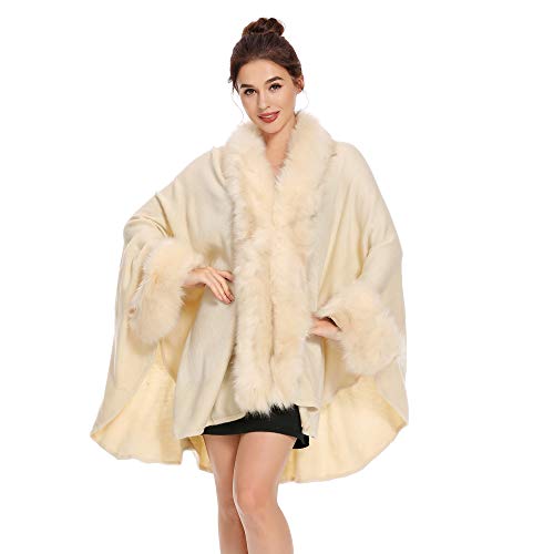 ZLYC Damen Winter Kunstpelz Poncho Cape Warm Umhang Faux Fur Kragen Mäntel Strickjacke(Beige) von ZLYC