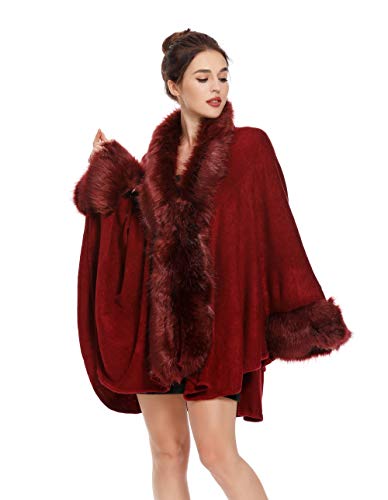 ZLYC Damen Winter Kunstpelz Poncho Cape Warm Umhang Faux Fur Kragen Mäntel Strickjacke(Jujube rot) von ZLYC
