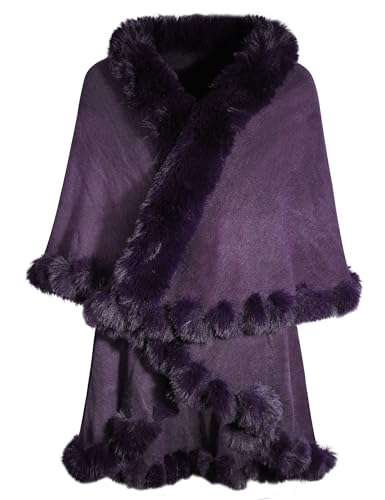 ZLYC Damen Winter Kunstpelz Poncho Strick Schal Stola Warm Cape Cardigan(Einfarbig Violett) von ZLYC