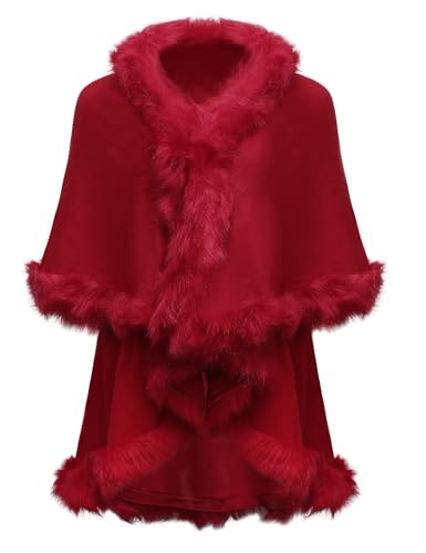 ZLYC Damen Winter Kunstpelz Poncho Strick Schal Stola Warm Cape Cardigan(reines rot),Einheitsgröße von ZLYC