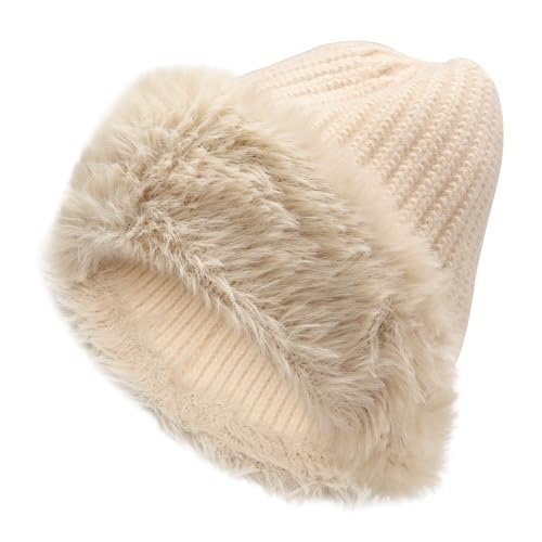 ZLYC Damen Winter Kunstpelz Slouchy Beanie Hut Warm Strickmützen(Einfarbig Beige) von ZLYC