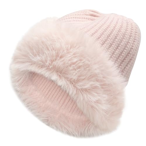 ZLYC Damen Winter Kunstpelz Slouchy Beanie Hut Warm Strickmützen(Einfarbig Hellrosa) von ZLYC