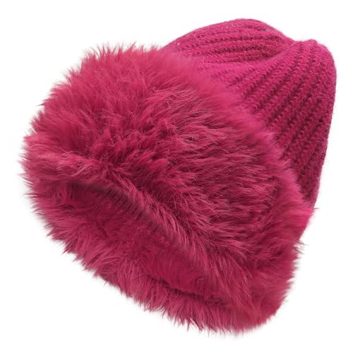 ZLYC Damen Winter Kunstpelz Slouchy Beanie Hut Warm Strickmützen(Einfarbig Himbeere) von ZLYC