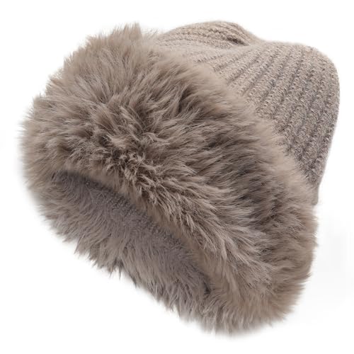 ZLYC Damen Winter Kunstpelz Slouchy Beanie Hut Warm Strickmützen(Einfarbig Kaffee) von ZLYC