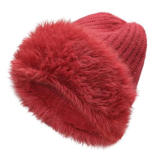 ZLYC Damen Winter Kunstpelz Slouchy Beanie Hut Warm Strickmützen(Einfarbig Rot) von ZLYC