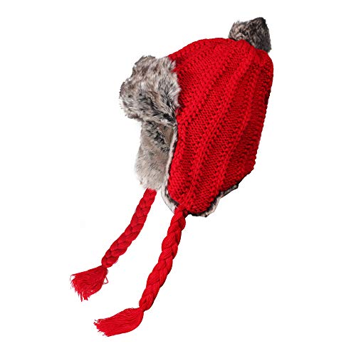 ZLYC Damen Winter Peruanische Mütze Strickmütze Warme Ohrenklappe Beanie Kunstpelz Pompon Mütze (Häkeln Rot),Einheitsgröße von ZLYC