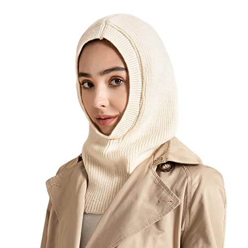 ZLYC Damen Winter Sturmhauben Stricken Winddicht Beanie Mütze Kapuzenschal(Solides Weiss) von ZLYC