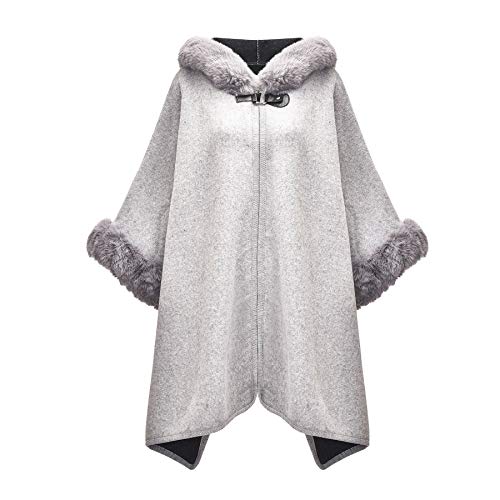 ZLYC Damen Winter Umhang Strickjacke Warm Kunstpelz Mäntel Poncho Cape mit Kapuze(Hell Grau),Einheitsgröße von ZLYC
