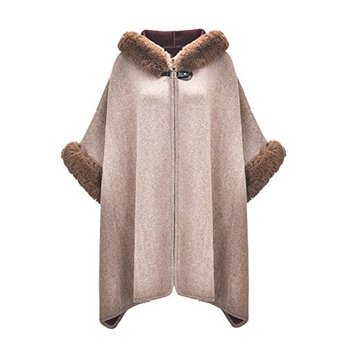 ZLYC Damen Winter Umhang Strickjacke Warm Kunstpelz Mäntel Poncho Cape mit Kapuze (Beige),Einheitsgröße von ZLYC