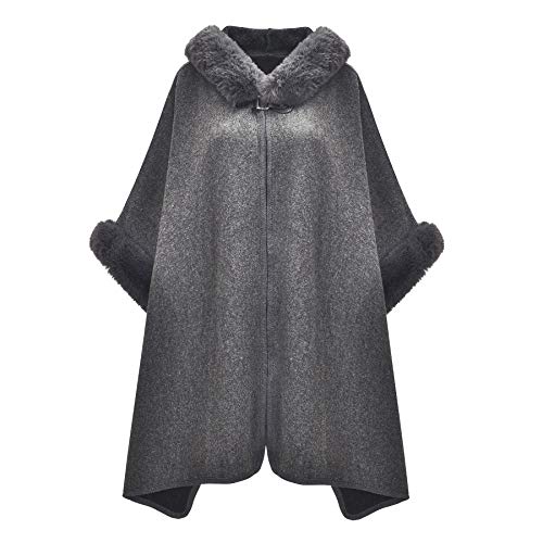 ZLYC Damen Winter Umhang Strickjacke Warm Kunstpelz Mäntel Poncho Cape mit Kapuze(Grau) von ZLYC