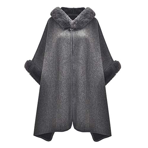 ZLYC Damen Winter Umhang Strickjacke Warm Kunstpelz Mäntel Poncho Cape mit Kapuze(Grau),Einheitsgröße von ZLYC
