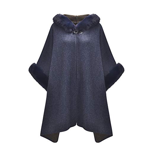 ZLYC Damen Winter Umhang Strickjacke Warm Kunstpelz Mäntel Poncho Cape mit Kapuze(Navy),Einheitsgröße von ZLYC