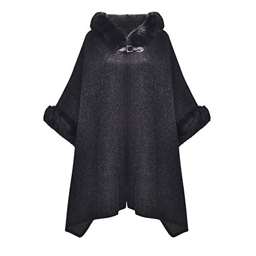 ZLYC Damen Winter Umhang Strickjacke Warm Kunstpelz Mäntel Poncho Cape mit Kapuze(Schwarz),Einheitsgröße von ZLYC