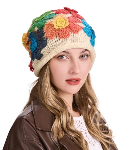 ZLYC Damen Winter Vintage Wolle Strickmützen Beanie Bowler Hut(Bunte Blumen Beige),Einheitsgröße von ZLYC