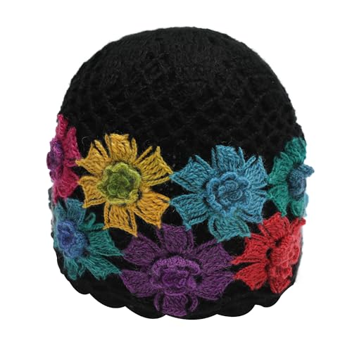 ZLYC Damen Winter Vintage Wolle Strickmützen Beanie Bowler Hut(Farbenfrohe Blumen Schwarz),Einheitsgröße von ZLYC
