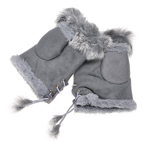 ZLYC Damen Winter Warme Kunstpelz Halbfinger Handschuhe Fingerlose Fäustlinge(Grau) von ZLYC