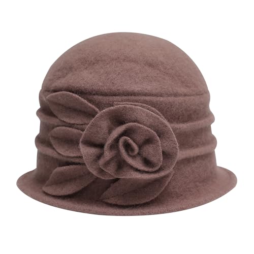 ZLYC Damen Winter Wolle Fischerhüte Blumen 1920s Vintage Bowler Hut(Geblümter Mauve Rosa),Einheitsgröße von ZLYC