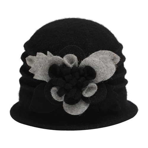 ZLYC Damen Winter Wolle Fischerhüte Blumen 1920s Vintage Bowler Hut(Gemischtes Schwarz),Einheitsgröße von ZLYC