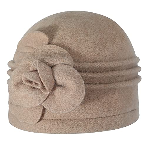 ZLYC Damen Winter Wolle Fischerhüte Blumen 1920s Vintage Bowler Hut (Blume Khaki),Einheitsgröße von ZLYC