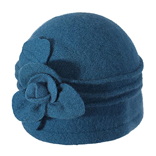 ZLYC Damen Winter Wolle Fischerhüte Blumen 1920s Vintage Bowler Hut (Blume Pfauenblau),Gr.Einheitsgröße von ZLYC