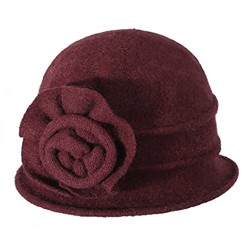 ZLYC Damen Winter Wolle Fischerhüte Blumen 1920s Vintage Bowler Hut (Blumen Burgund),Gr.Einheitsgröße von ZLYC