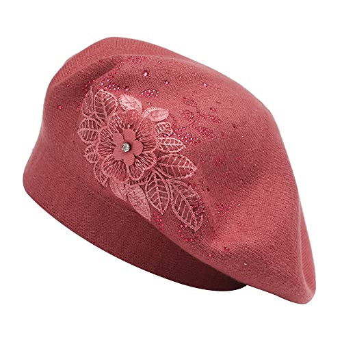 ZLYC Damen Wolle Baskenmütze Klassische Französischen Barett Warm Beret Mütze(Blume Altrot) von ZLYC