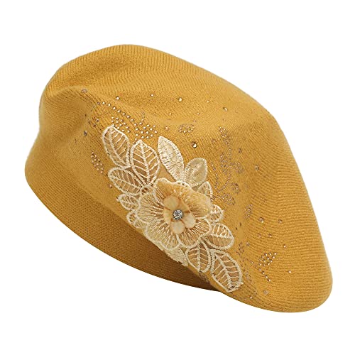 ZLYC Damen Wolle Baskenmütze Klassische Französischen Barett Warm Beret Mütze(Blume Gelb) von ZLYC