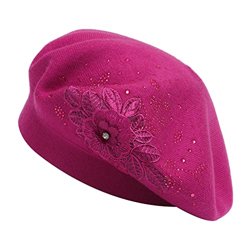 ZLYC Damen Wolle Baskenmütze Klassische Französischen Barett Warm Beret Mütze(Blume Mittelviolettrot) von ZLYC