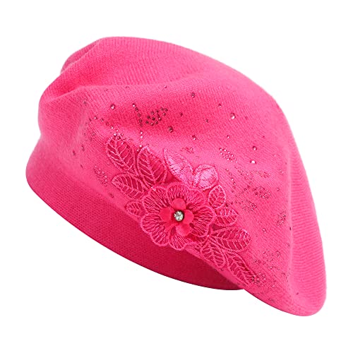 ZLYC Damen Wolle Baskenmütze Klassische Französischen Barett Warm Beret Mütze(Blume Pink) von ZLYC