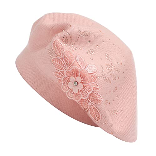 ZLYC Damen Wolle Baskenmütze Klassische Französischen Barett Warm Beret Mütze(Blume Rosa) von ZLYC