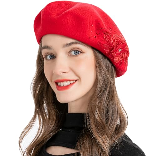 ZLYC Damen Wolle Baskenmütze Klassische Französischen Barett Warm Beret Mütze(Blume Rot) von ZLYC