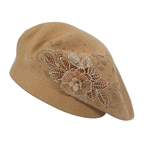 ZLYC Damen Wolle Baskenmütze Klassische Französischen Barett Warm Beret Mütze(Blume Tan) von ZLYC