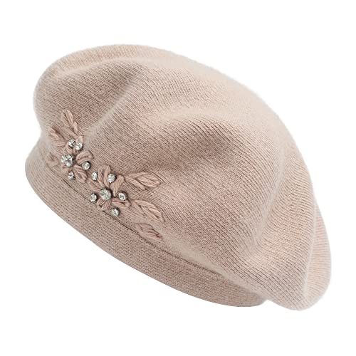 ZLYC Damen Wolle Baskenmütze Klassische Französischen Barett Warm Beret Mütze(Blumen Beige) von ZLYC