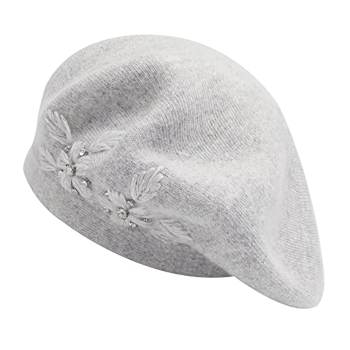 ZLYC Damen Wolle Baskenmütze Klassische Französischen Barett Warm Beret Mütze(Blumen Hellgrau) von ZLYC