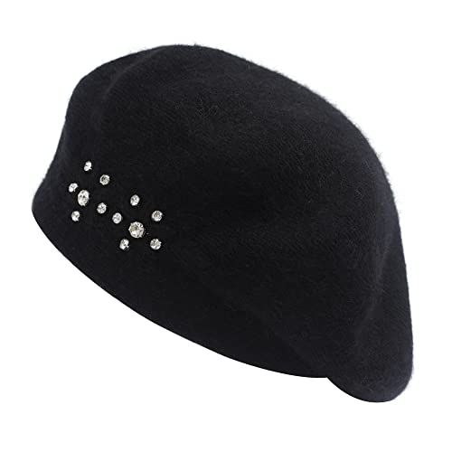 ZLYC Damen Wolle Baskenmütze Klassische Französischen Barett Warm Beret Mütze(Blumen Schwarz) von ZLYC