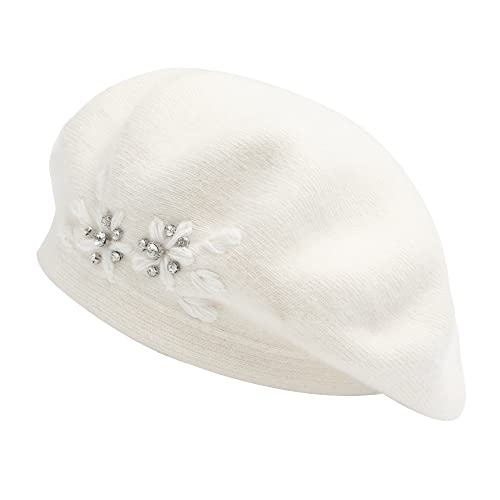 ZLYC Damen Wolle Baskenmütze Klassische Französischen Barett Warm Beret Mütze(Blumen Weiß) von ZLYC