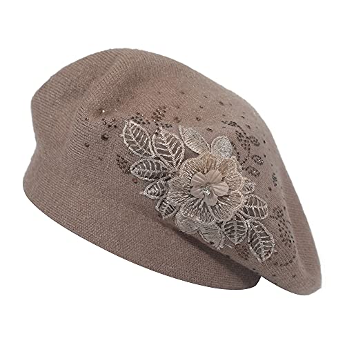 ZLYC Damen Wolle Baskenmütze Klassische Französischen Barett Warm Beret Mütze(Flower Brown) von ZLYC