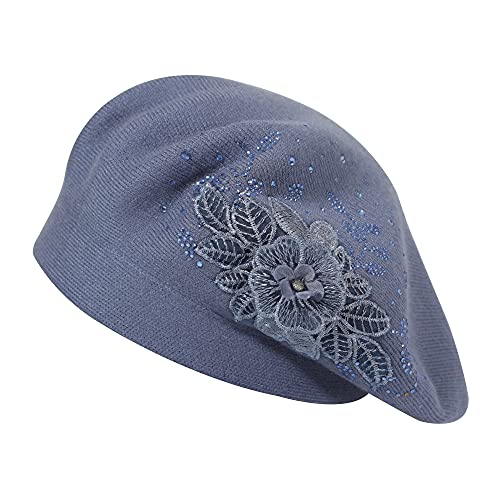 ZLYC Damen Wolle Baskenmütze Klassische Französischen Barett Warm Beret Mütze(Flower Haze Blue) von ZLYC