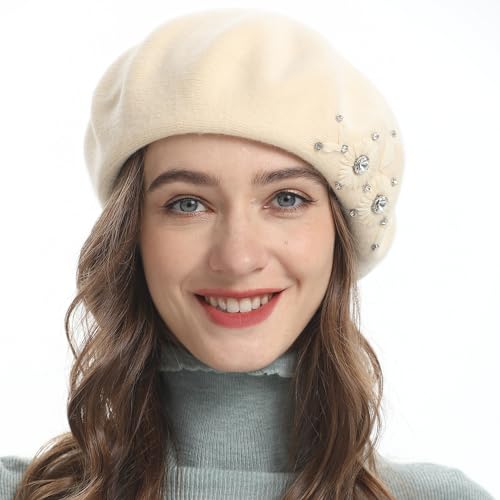 ZLYC Damen Wolle Baskenmütze Klassische Französischen Barett Warm Beret Mütze(Gestickte Blumen Beige) von ZLYC